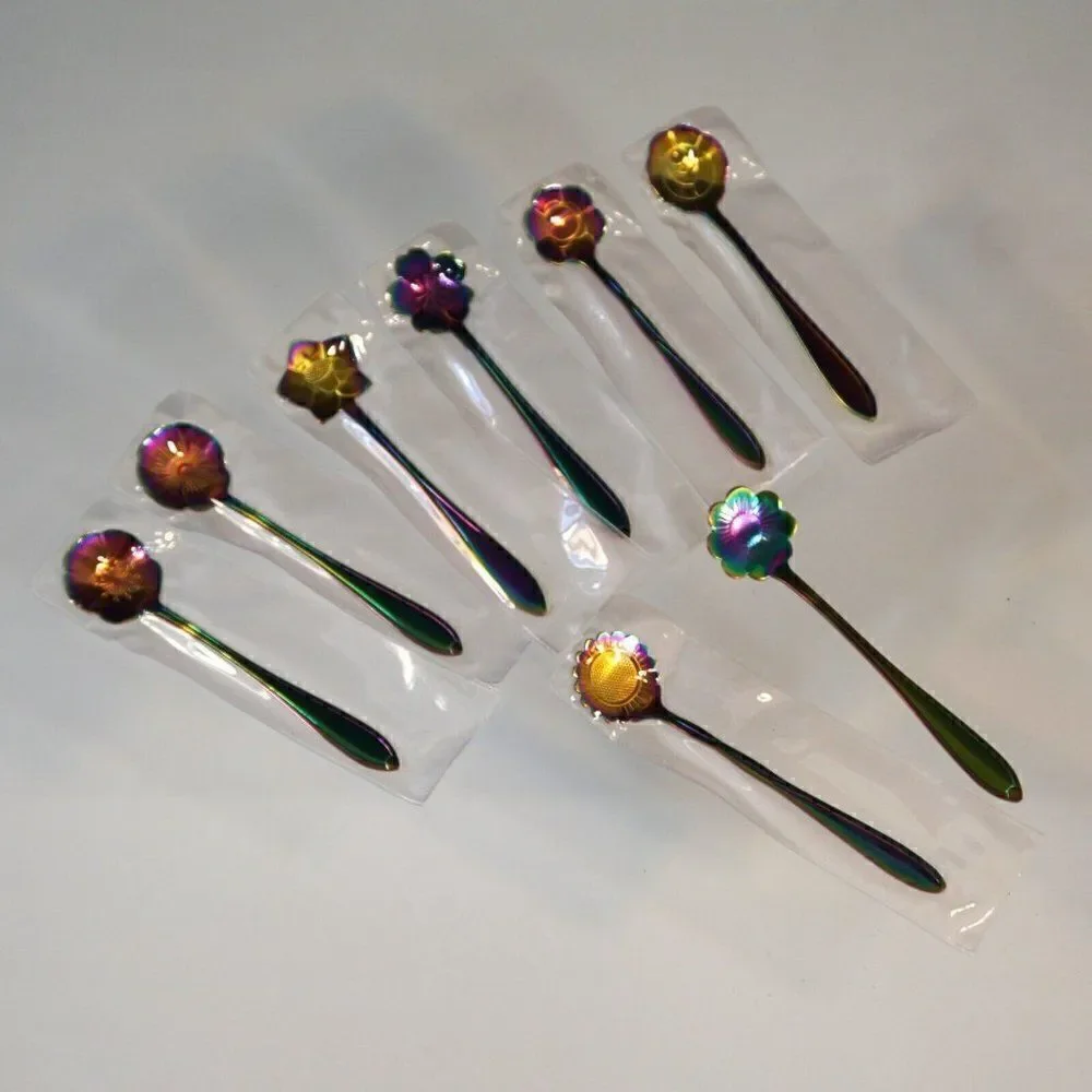 Flower Spoon Set Rainbow Color Stainless Steel Tableware Creative Coffee Spoons
